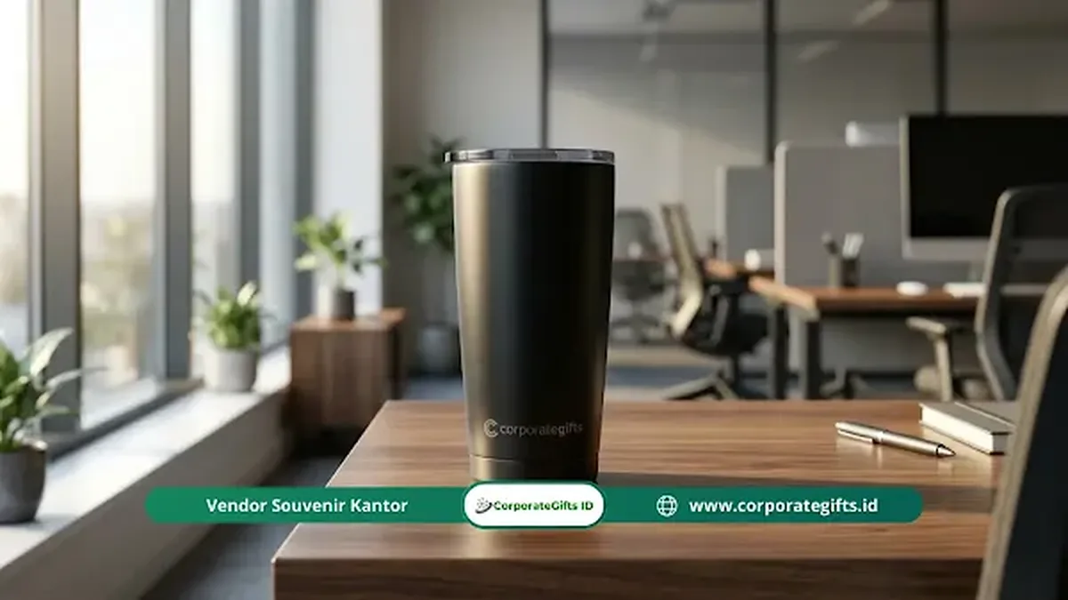 Tumbler Stainless Custom Souvenir Halalbihalal di meja kantor | CorporateGifts.ID