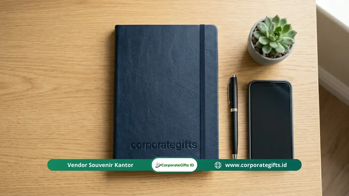 Buku catatan hardcover notebook deboss logo dan pulpen metal meja kerja | CorporateGifts.ID